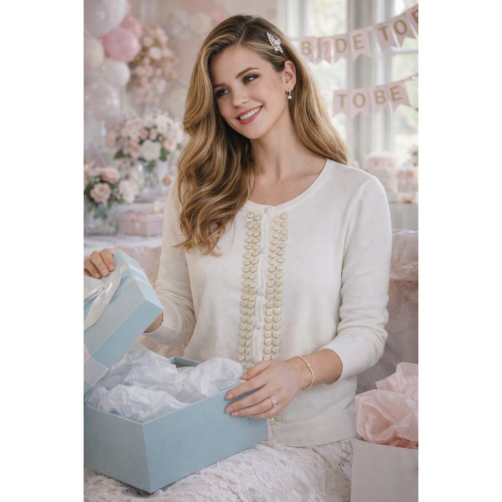 Talbots Petites Cream Beaded Cardigan Sweater White Ivory Button Front Size S - Picture 2 of 9
